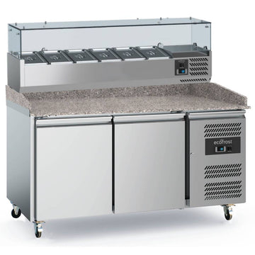 Masa refrigerata preparare pizza cu 2 usi, cu vitrina de ingrediente refrigerata cu 6 cuve GN 13