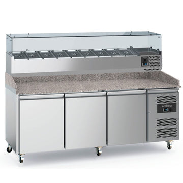 Masa refrigerata preparare pizza cu 3 usi, cu vitrina de ingrediente refrigerata cu 9 cuve GN 13
