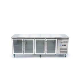 Masa refrigerata inox 2 10C, 4 usi sticla, cu roti