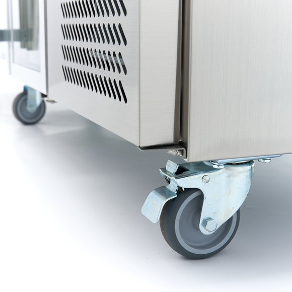 Masa refrigerata inox 2 10C, 4 usi sticla, cu roti