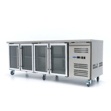 Masa refrigerata inox 2 10C, 4 usi sticla, cu roti
