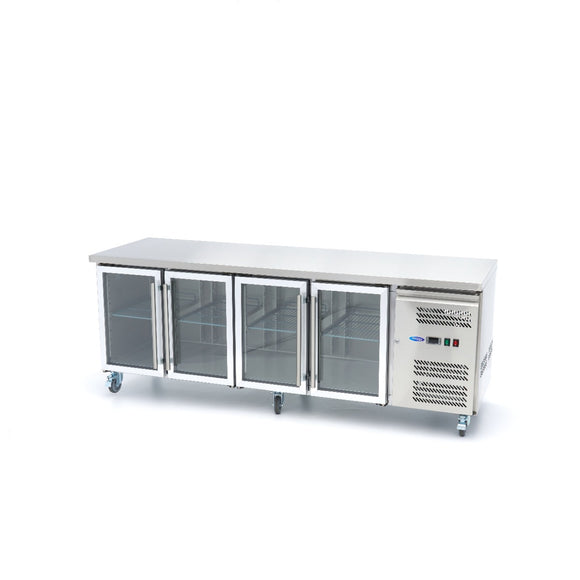 Masa refrigerata inox 2 10C, 4 usi sticla, cu roti