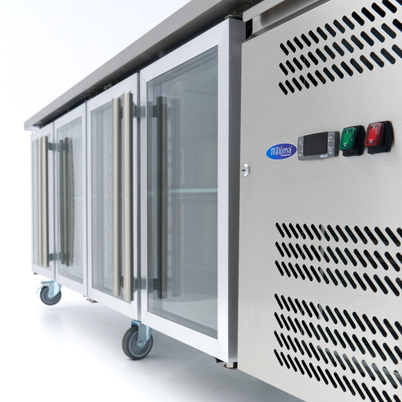 Masa refrigerata inox 2 10C, 4 usi sticla, cu roti