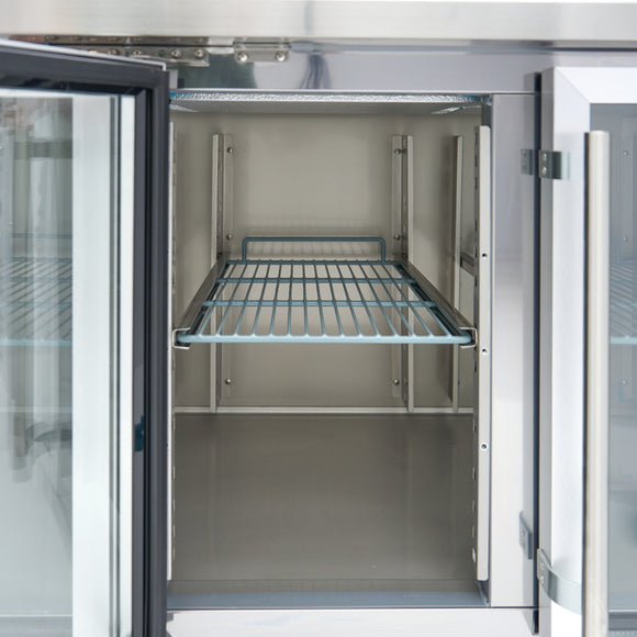 Masa refrigerata inox 2 10C, 4 usi sticla, cu roti