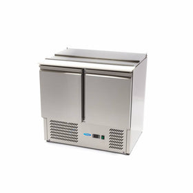 Masa refrigerata inox tip saladeta, 0C 10C cu 2 usi, blat de taiere din polietilena, capac inox, capacitate 257 Litri