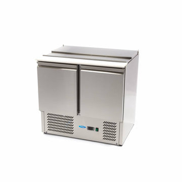 Masa refrigerata inox tip saladeta, 0C 10C cu 2 usi, blat de taiere din polietilena, capac inox, capacitate 257 Litri