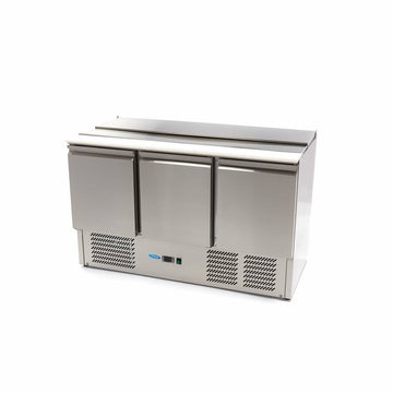 Masa refrigerata inox tip saladeta, 0C 10C cu 3 usi, blat de taiere din polietilena, capac inox, capacitate 400 Litri