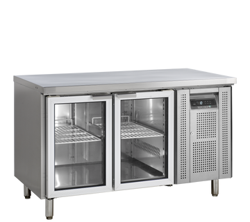 Masa refrigerata inox 2 usi sticla, +2/+10°C Tefcold – masă frigorifică inox pentru bucătărie profesională restaurant și HoReCa