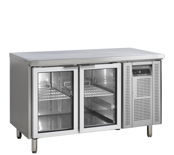 Masa refrigerata inox 2 usi sticla, +2/+10°C Tefcold – masă frigorifică inox pentru bucătărie profesională restaurant și HoReCa