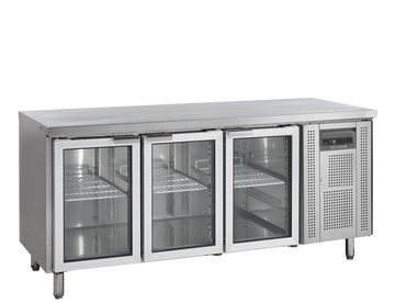 Masa refrigerata inox 3 usi sticla, +2/+10°C Tefcold – masă frigorifică inox pentru bucătărie profesională restaurant și HoReCa