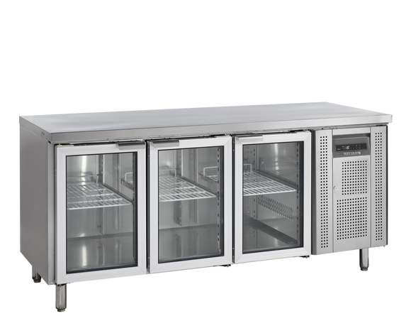Masa refrigerata inox 3 usi sticla, +2/+10°C Tefcold – masă frigorifică inox pentru bucătărie profesională restaurant și HoReCa