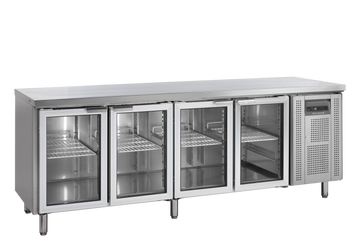 Masa refrigerata inox 4 usi sticla, +2/+10°C Tefcold – masă frigorifică inox pentru bucătărie profesională restaurant și HoReCa