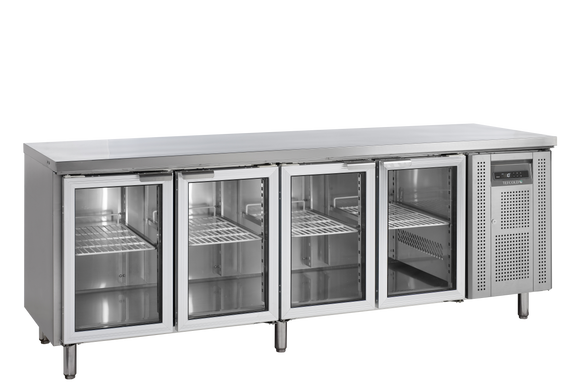 Masa refrigerata inox 4 usi sticla, +2/+10°C Tefcold – masă frigorifică inox pentru bucătărie profesională restaurant și HoReCa