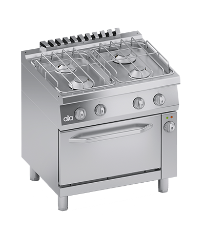 Masina de gatit cu 4 arzatoare, cuptor electric GN 11, putere 3 kW electric, 20 kW gaz Cadru din otel inoxidabil Usa