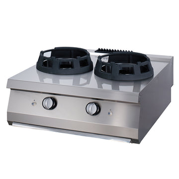 Masina de gatit wok pe gaz cu 2 focuri de 28,5cm, model de banc, 90cm, 28kW
