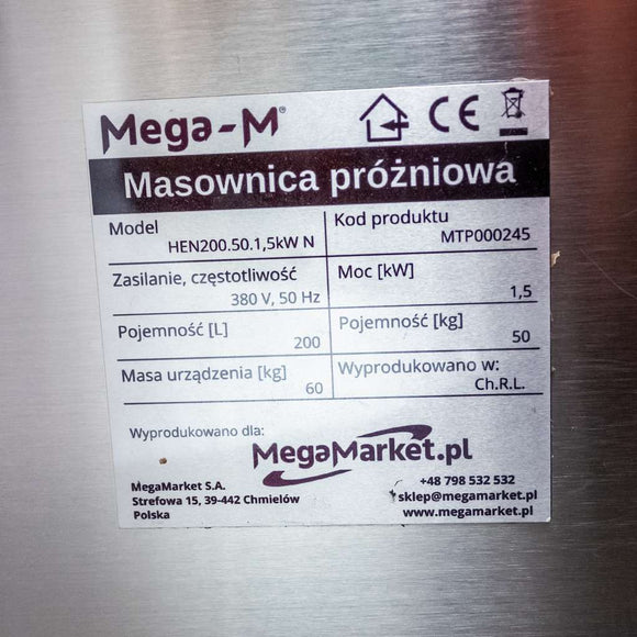 Masownica vid 200 L 50 kg 1.5 kW peklarka pentru carne