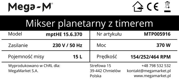 Mixer planetar mptHE 15.6.370 15L cu timer