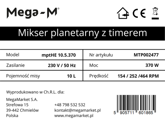 Mixer planetar cu timer 10L mptHE10.5.370