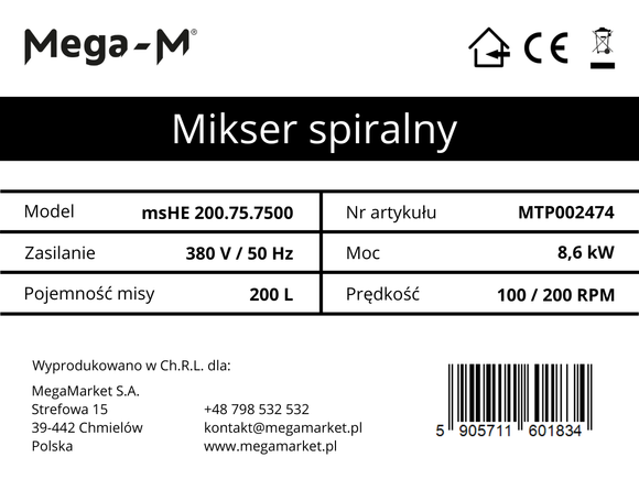 Mixer spiral 200L msHE200.75.7500