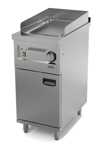 Plita fry-top electrica, neted, zona de coacere cromat, baza cu dulap inchis, 2.70 kW
