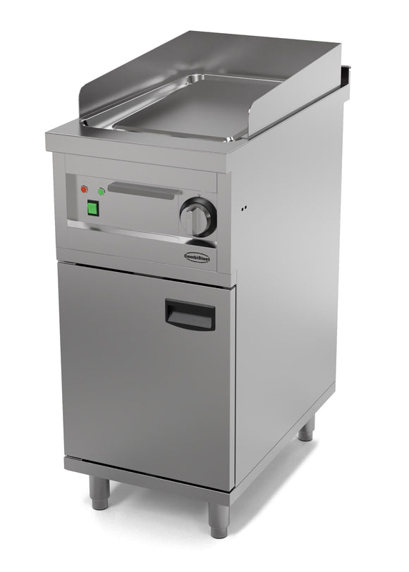 Plita fry-top electrica, neted, zona de coacere cromat, baza cu dulap inchis, 2.70 kW