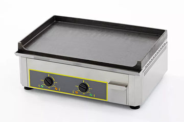 Plita fry top electrica cu suprafata din fonta - model cu doua zone de gatit, 6 kw, dimensiuni 600x475x230 mm
