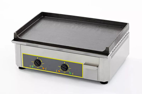 Plita fry top electrica cu suprafata din fonta - model cu doua zone de gatit, 6 kw, dimensiuni 600x475x230 mm