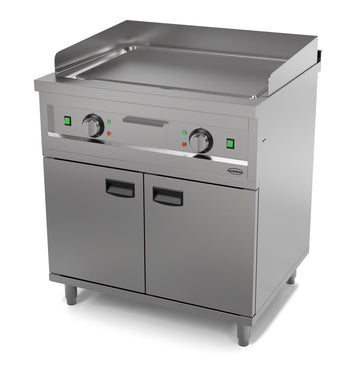 Plita fry-top electrica, neted, zona de coacere cromat, baza cu dulap inchis, 8.10 kW