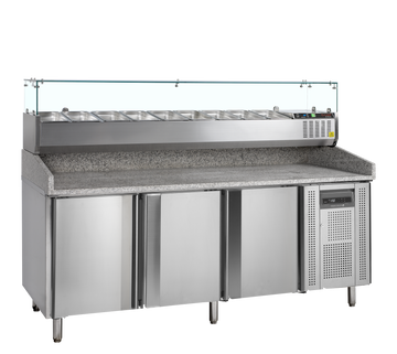 Masa refrigerata pizza 3 usi blat granit, 565 l, cu vitrina 7 cuve GN1/3 Tefcold – masa frigorifica inox pentru bucatarie profesionala restaurant si HoReCa