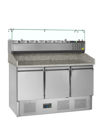 Masa refrigerata pizza 3 usi blat granit, 368 l, cu vitrina 6 cuve GN1/4 Tefcold – masa frigorifica inox pentru bucatarie profesionala restaurant si HoReCa