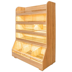 Raft pentru Mega M paine H-180 cm L-125 cm G-60 cm plexi iluminare LED stejar american Raft pentru paine H180 cm