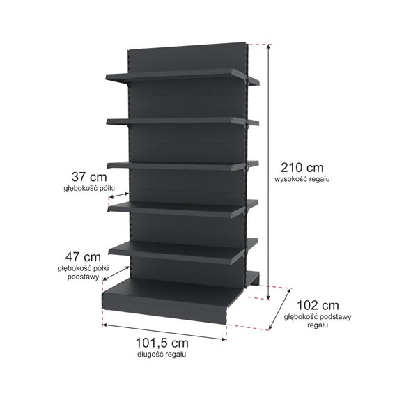 Raft metalic gondola pentru magazin Mega-M Merkury II, bifacial, modul de extensie, H-210 cm, L-101,5 cm, grafit