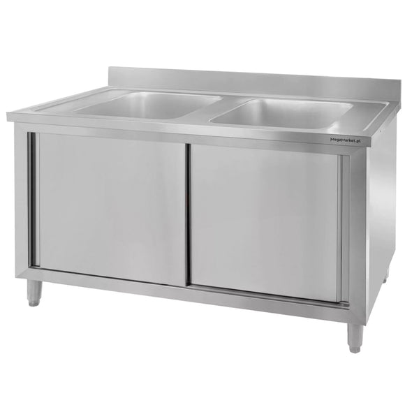 Sapalator inox cu doua cuve de 40x50xH25, baza inchisa cu usi culisante, 100x70xH85 cm