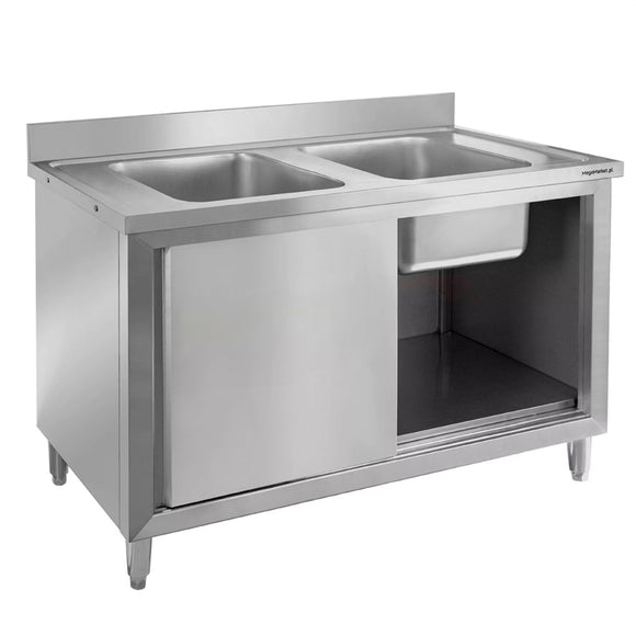 Sapalator inox cu doua cuve de 40x50xH25, baza inchisa cu usi culisante, 100x70xH85 cm