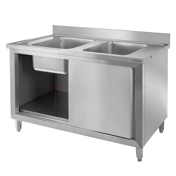 Sapalator inox cu doua cuve de 40x50xH25, baza inchisa cu usi culisante, 100x70xH85 cm