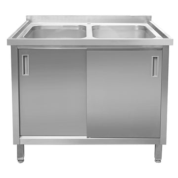 Sapalator inox cu doua cuve de 40x50xH25, baza inchisa cu usi culisante, 100x70xH85 cm