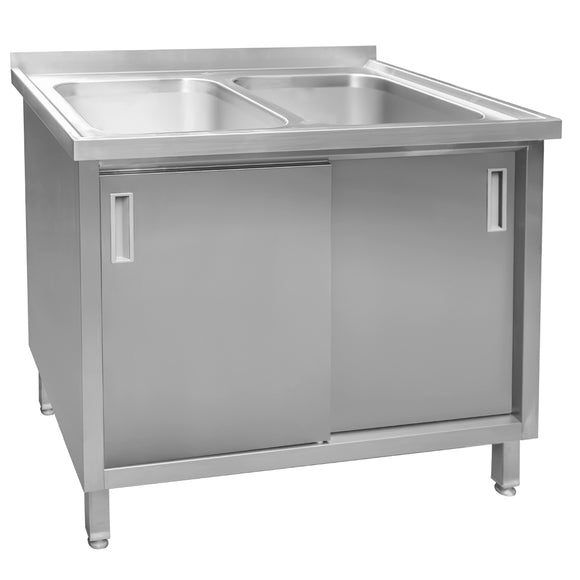 Sapalator inox cu doua cuve de 40x50xH25, baza inchisa cu usi culisante, 100x70xH85 cm