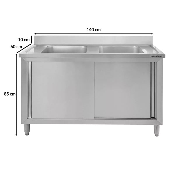 Spalator inox cu doua cuve de 50x50xH25, baza inchisa cu usi culisante, 120x70xH85 cm