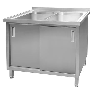 Sapalator inox cu doua cuve de 40x50xH25, baza inchisa cu usi culisante, 100x70xH85 cm