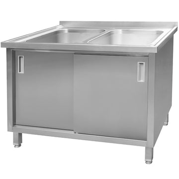 Sapalator inox cu doua cuve, baza inchisa cu usi culisante. 120x70xH85 cm