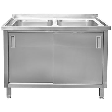 Sapalator inox cu doua cuve, baza inchisa cu usi culisante. 120x70xH85 cm