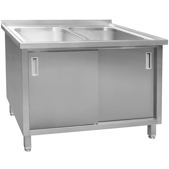 Sapalator inox cu doua cuve, baza inchisa cu usi culisante. 120x70xH85 cm