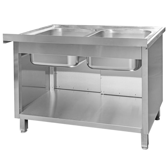 Sapalator inox cu doua cuve, baza inchisa cu usi culisante. 120x70xH85 cm