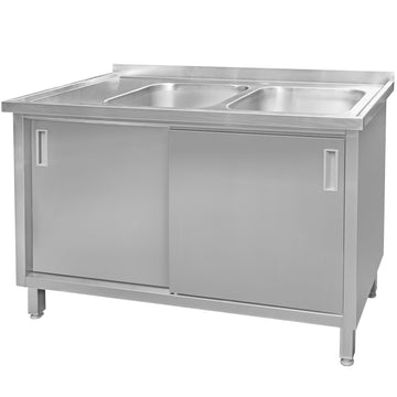 Sapalator inox cu doua cuve, baza inchisa cu usi culisante, 140x70xH85 cm