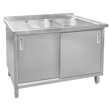 Sapalator inox cu doua cuve, baza inchisa cu usi culisante, 140x70xH85 cm