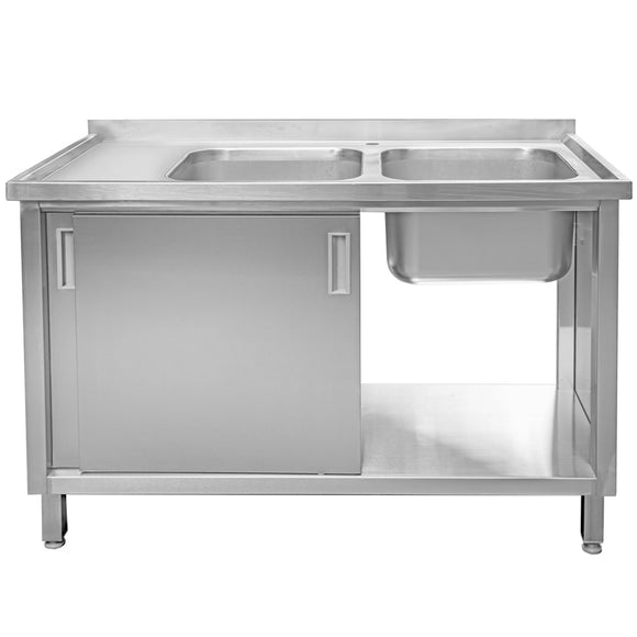 Sapalator inox cu doua cuve, baza inchisa cu usi culisante, 140x70xH85 cm