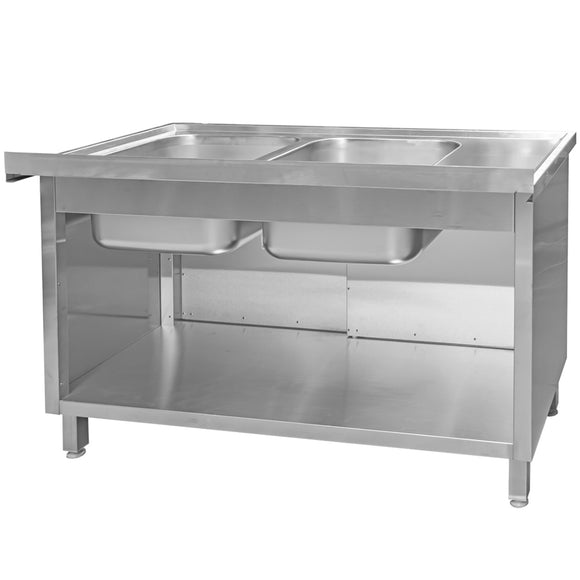 Sapalator inox cu doua cuve, baza inchisa cu usi culisante, 140x70xH85 cm