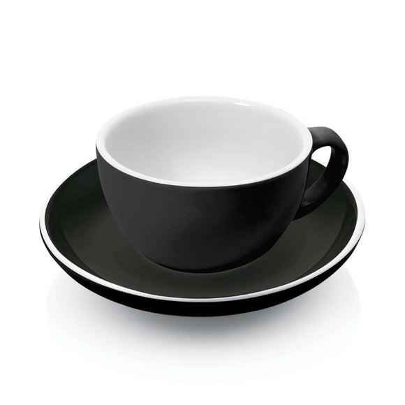 Set 6 cesti negre cappuccino 280 ml. Ø10,5 cm cu farfurioara Ø15,5 cm, portelan horeca