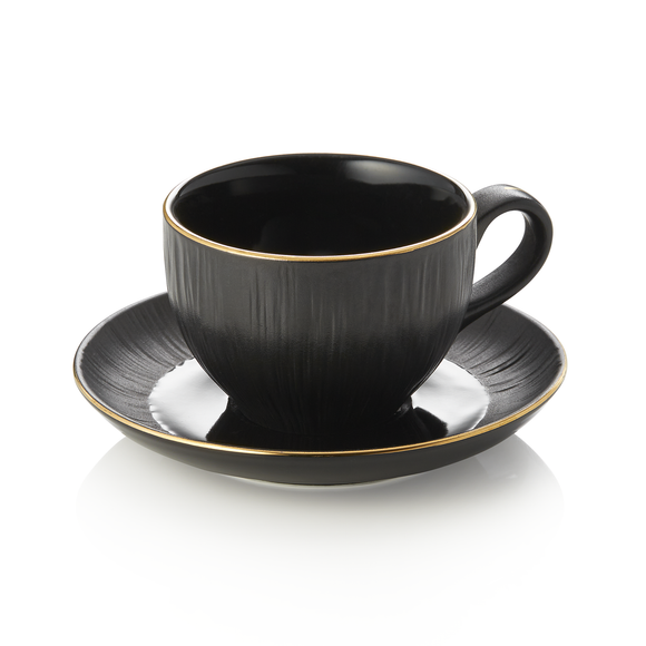 Set ceasca si farfurioara pentru cappucino MAYA KURO, 200 ml, negru, set 4 bucati, portelan
