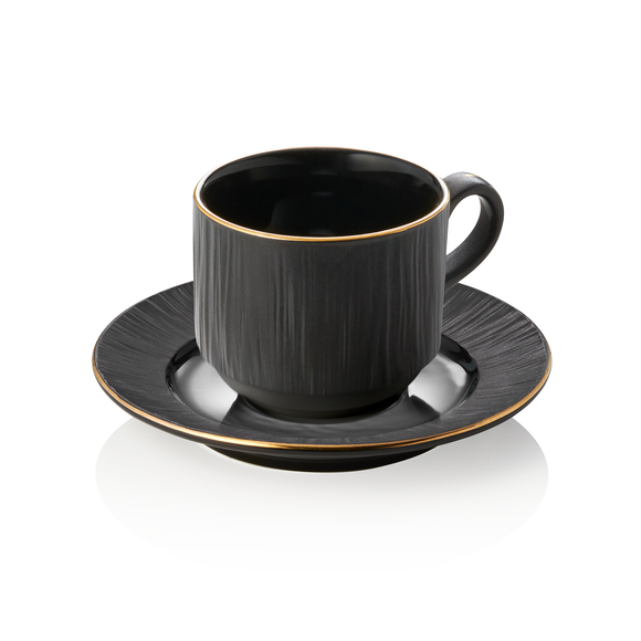 Set ceasca si farfurioara MAYA KURO, 240 ml, negru, set 4 bucati, portelan